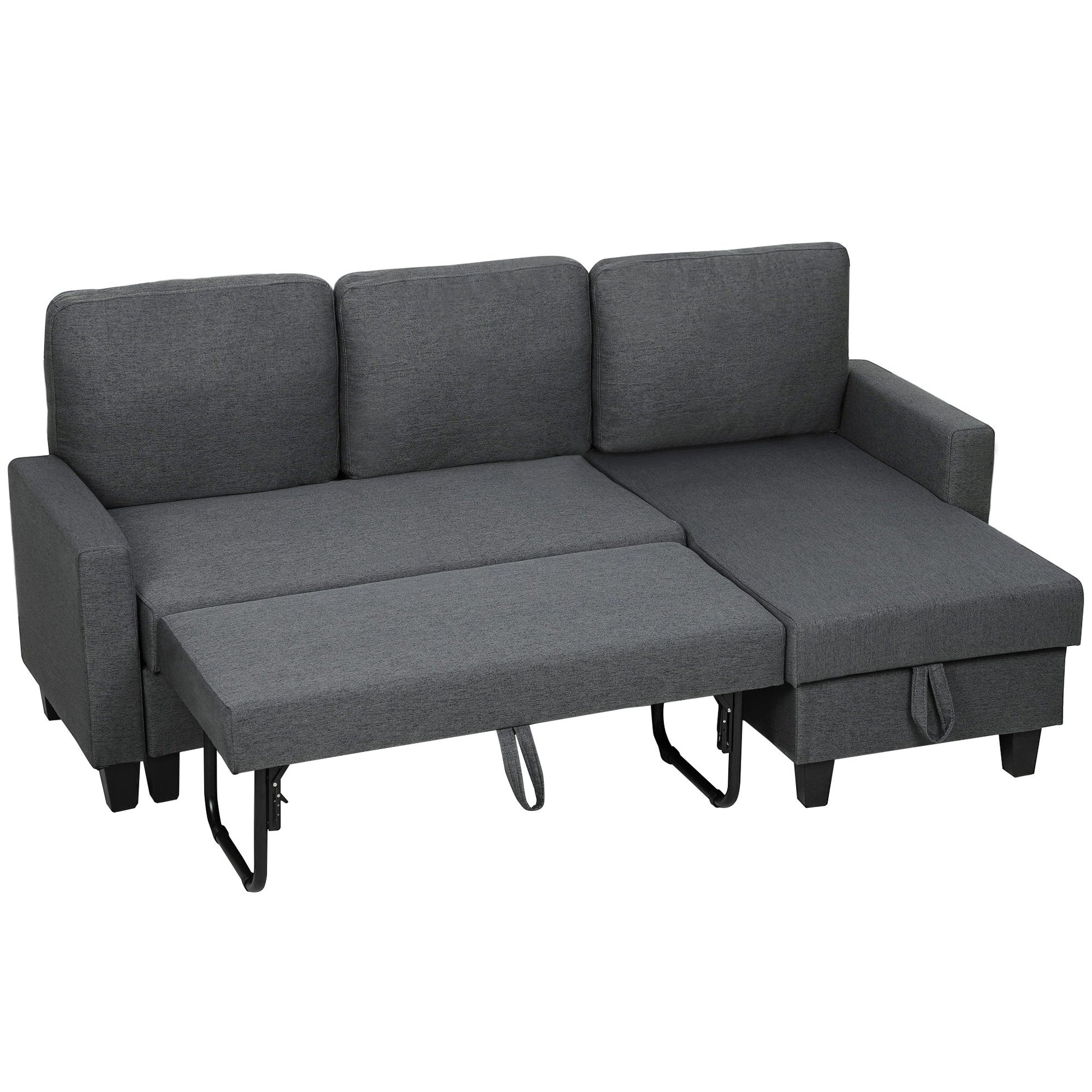 HOMCOM 3 Seater Linen Fabric Corner Sofa Bed - Charcoal Grey