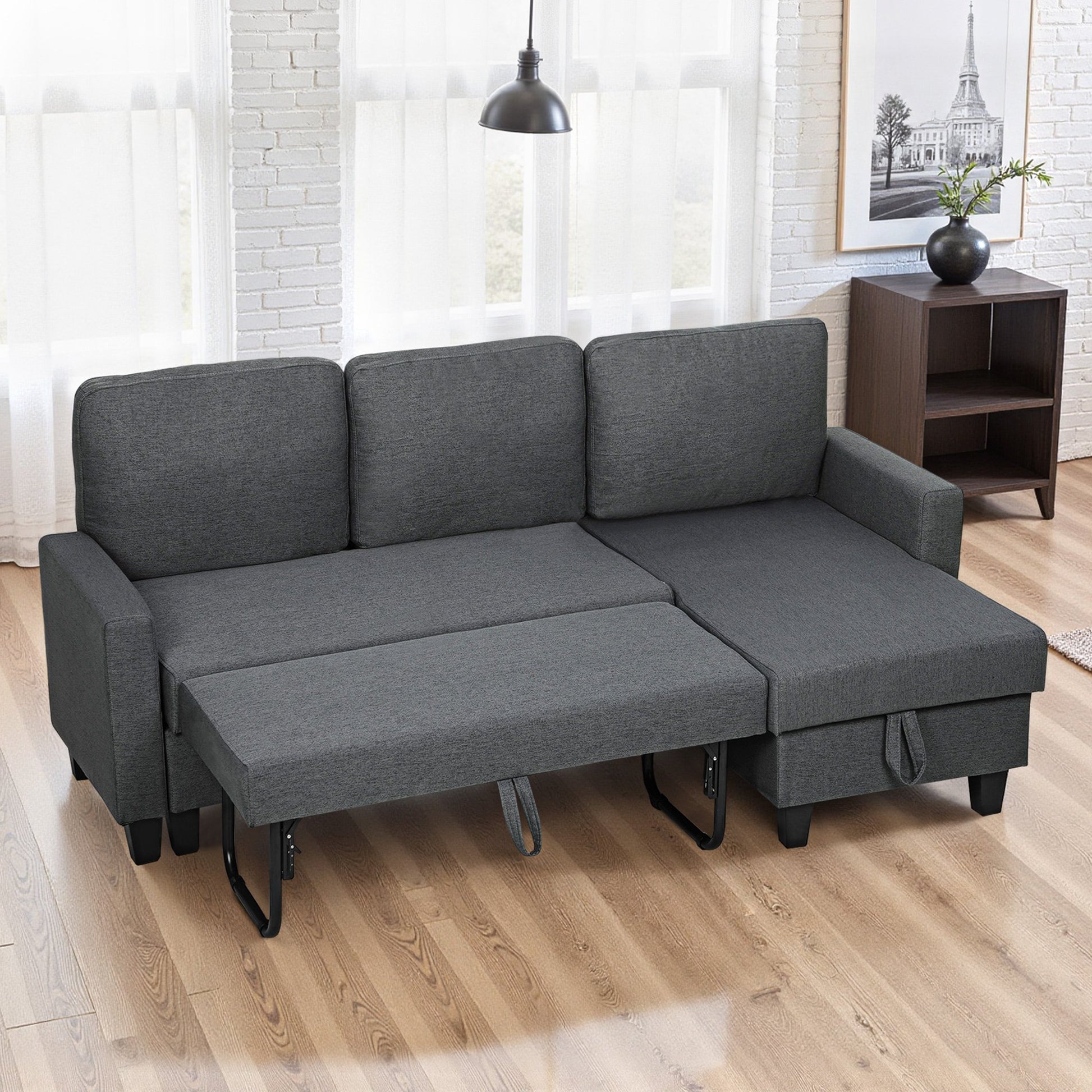 HOMCOM 3 Seater Linen Fabric Corner Sofa Bed - Charcoal Grey