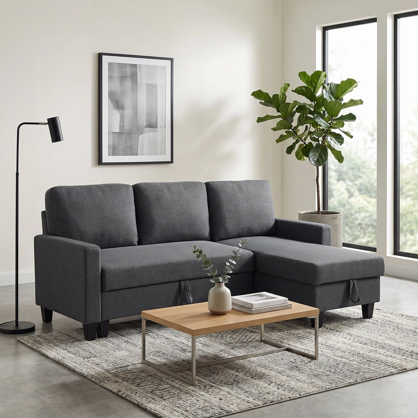 HOMCOM 3 Seater Linen Fabric Corner Sofa Bed - Charcoal Grey
