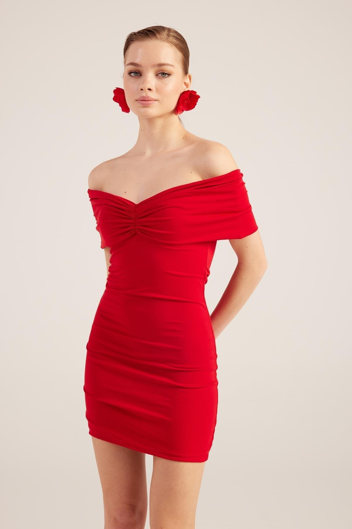 Muse Red Bardot Neck Mini Dress - Interactive Group