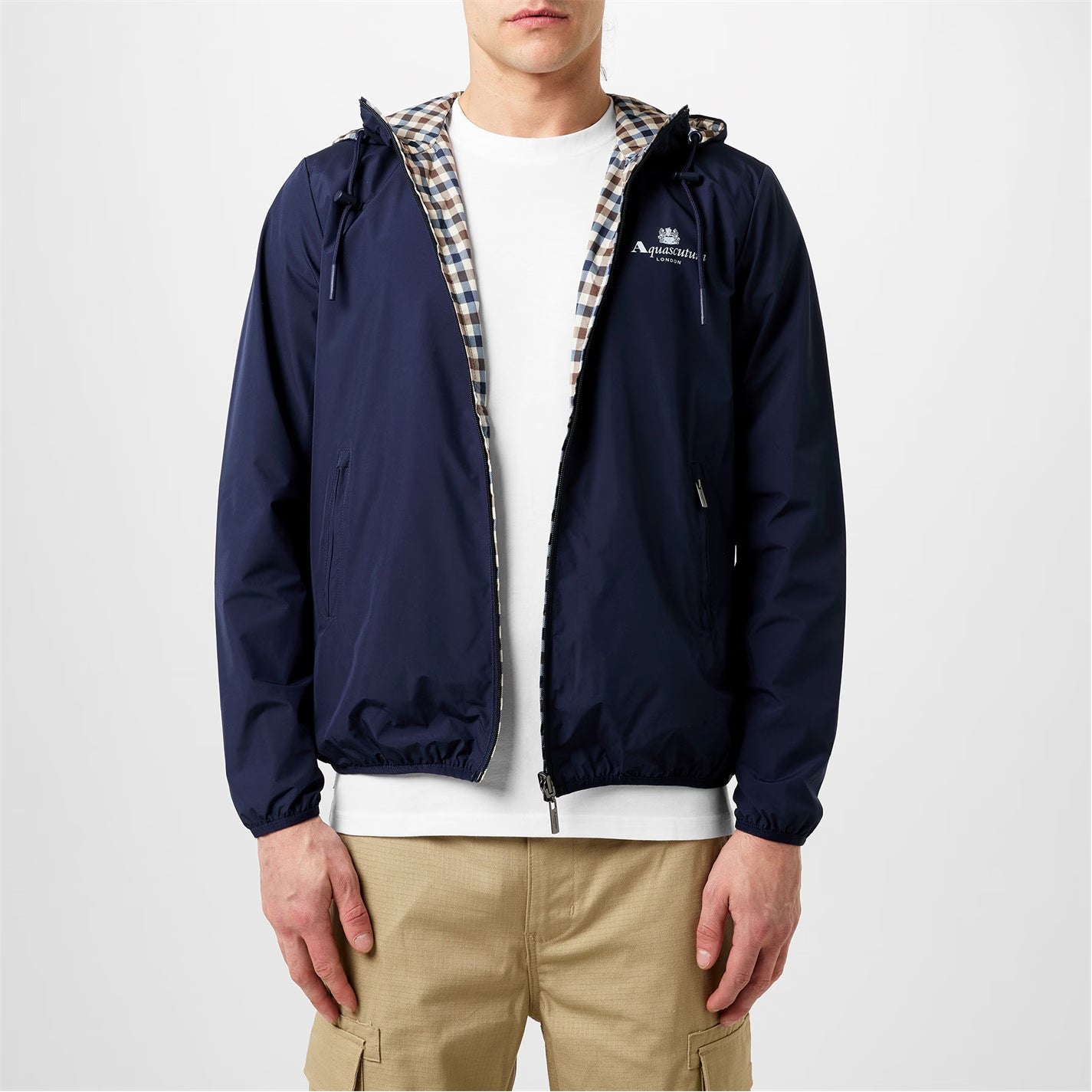 Men's Reversible Check Hooded Long Sleeve Rain Anorak