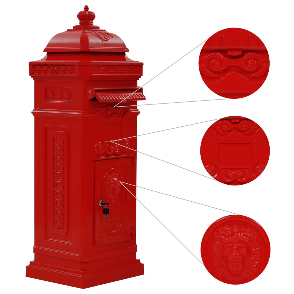 Walplus Pillar Letterbox Vintage Style Rustproof - Red - 35.5 x 32 x 102.5 cm