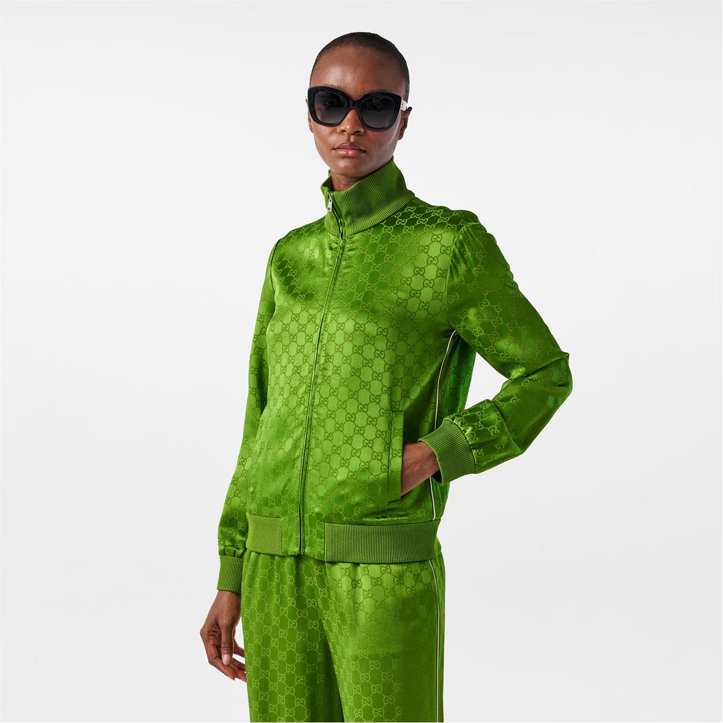 Women's Jacquard GG Viscose Funnel Neck Long Sleeve Bomber Jacket