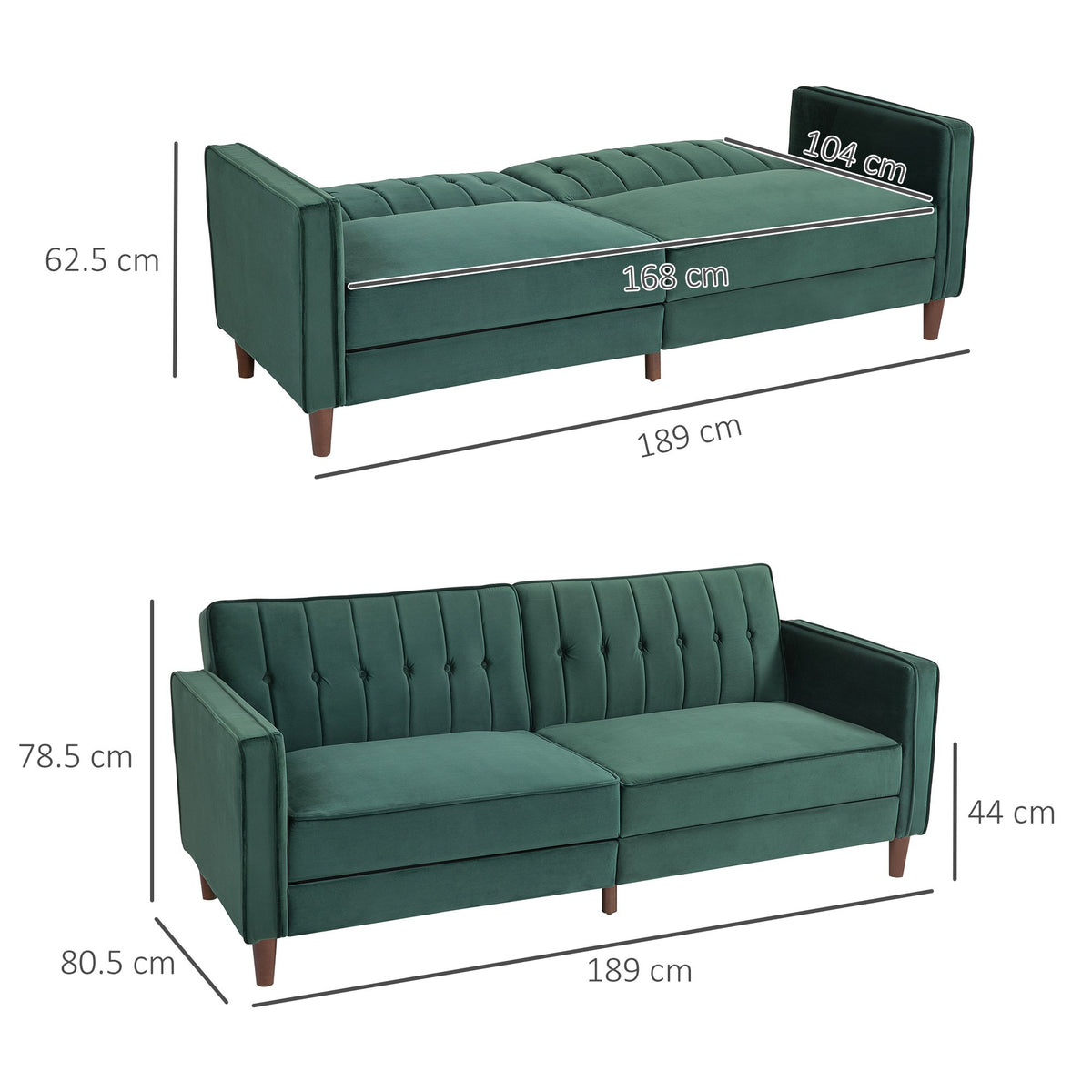 HOMCOM 3 Seater Velvet Reclining Button Tufted Sofa Bed - Green