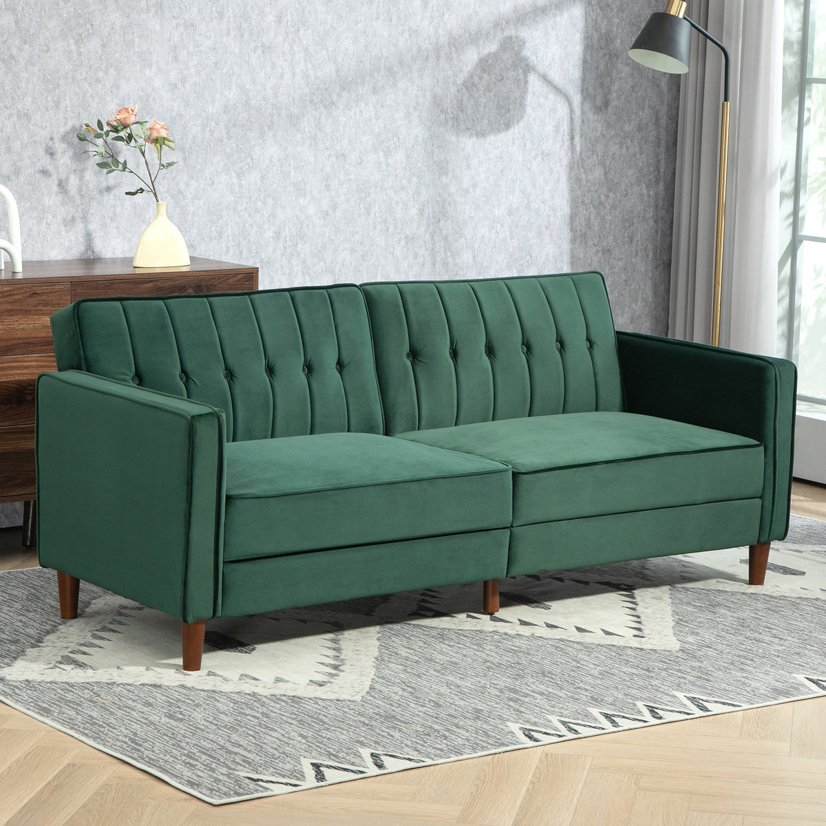 HOMCOM 3 Seater Velvet Reclining Button Tufted Sofa Bed - Green