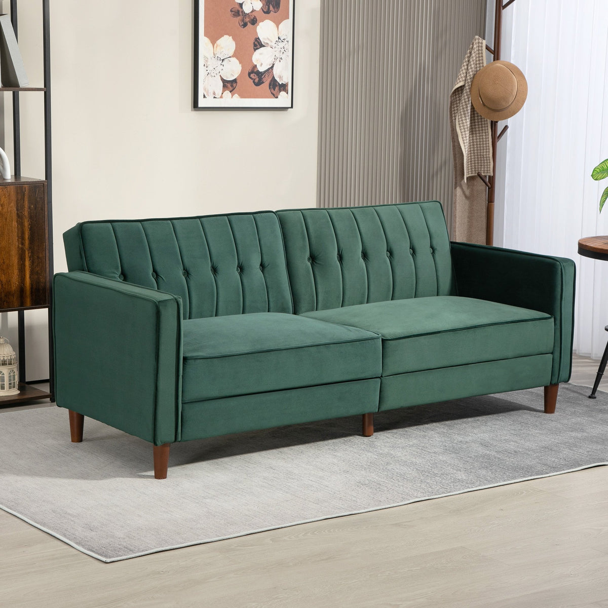 HOMCOM 3 Seater Velvet Reclining Button Tufted Sofa Bed - Green