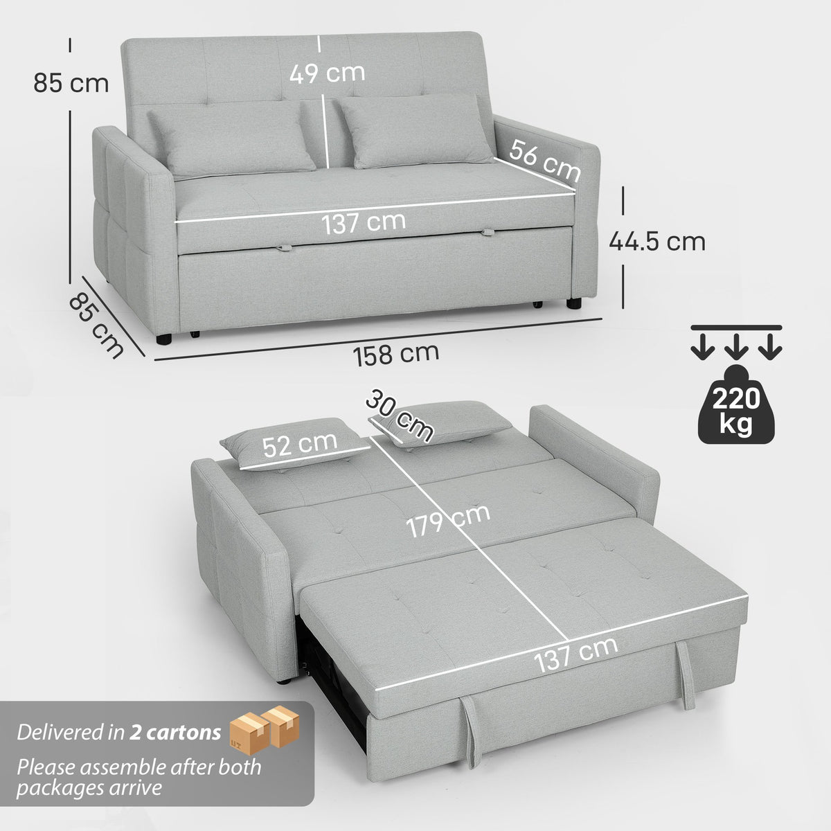 HOMCOM 2 Seater Sofa Bed with Pull Out Design - Light Grey