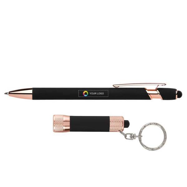 Rose-Gold Accent Black Ink Pen & Torch Gift Set