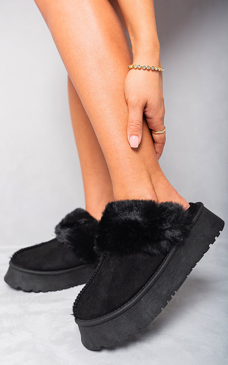 Faux Fur Trim Whisp Chunky Platform Slippers - Interactive Group