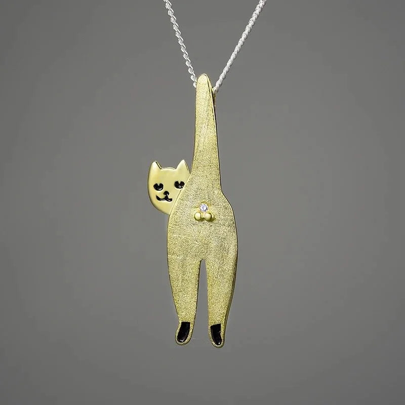 925 Sterling Silver Funny Cat Pendant  18K Gold Plated Cat Lover Gift - Interactive Group