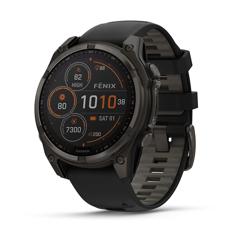Garmin Fēnix 8 (47 mm, Solar Sapphire, Carbon‑Gray DLC Titanium, Black‑Pebble‑Grey Silicone Band)