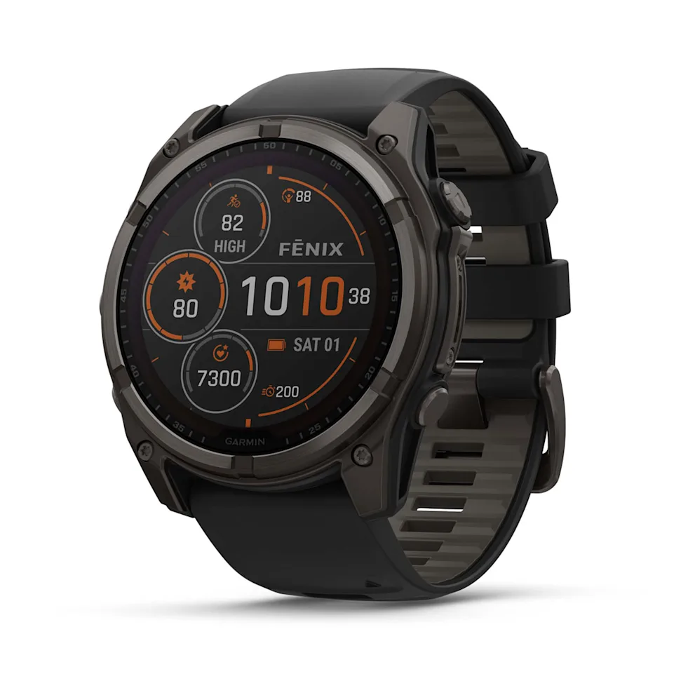 Garmin Fēnix 8 (51 mm, Solar Sapphire, Carbon‑Gray DLC Titanium Bezel, Black‑Pebble‑Grey Silicone Band)