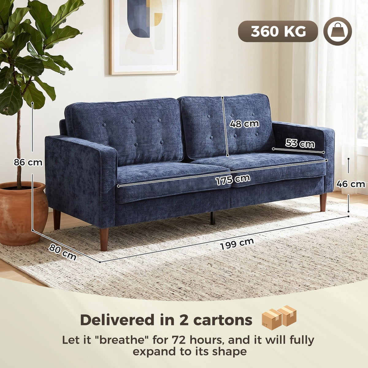 HOMCOM 3 Seater Velvet Modern Button Tufted Sofa - Dark Blue