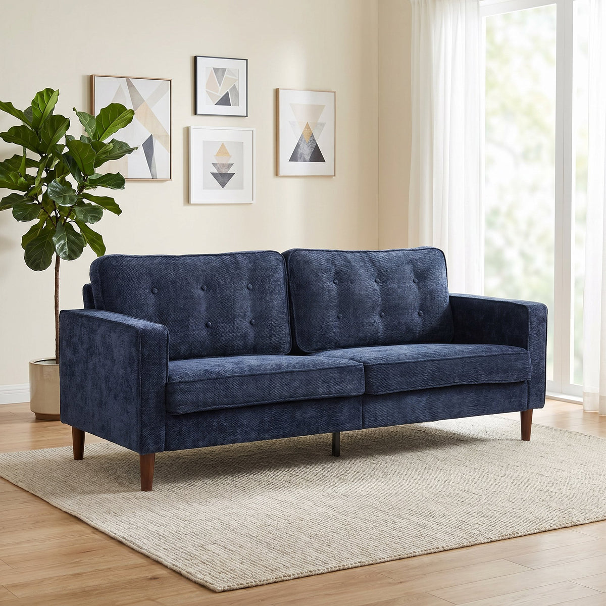 HOMCOM 3 Seater Velvet Modern Button Tufted Sofa - Dark Blue
