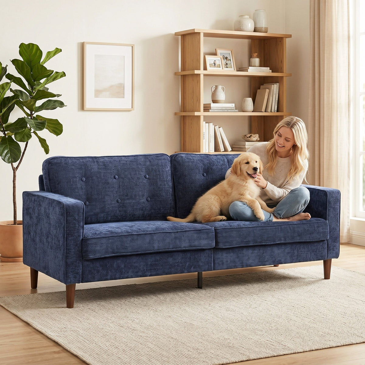 HOMCOM 3 Seater Velvet Modern Button Tufted Sofa - Dark Blue
