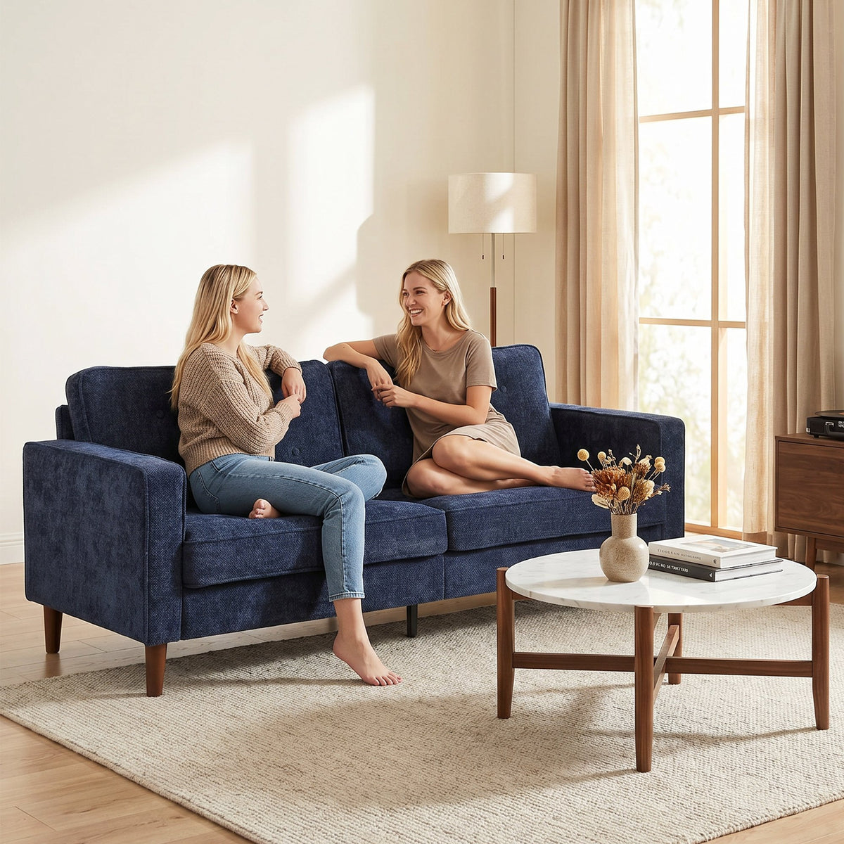 HOMCOM 3 Seater Velvet Modern Button Tufted Sofa - Dark Blue