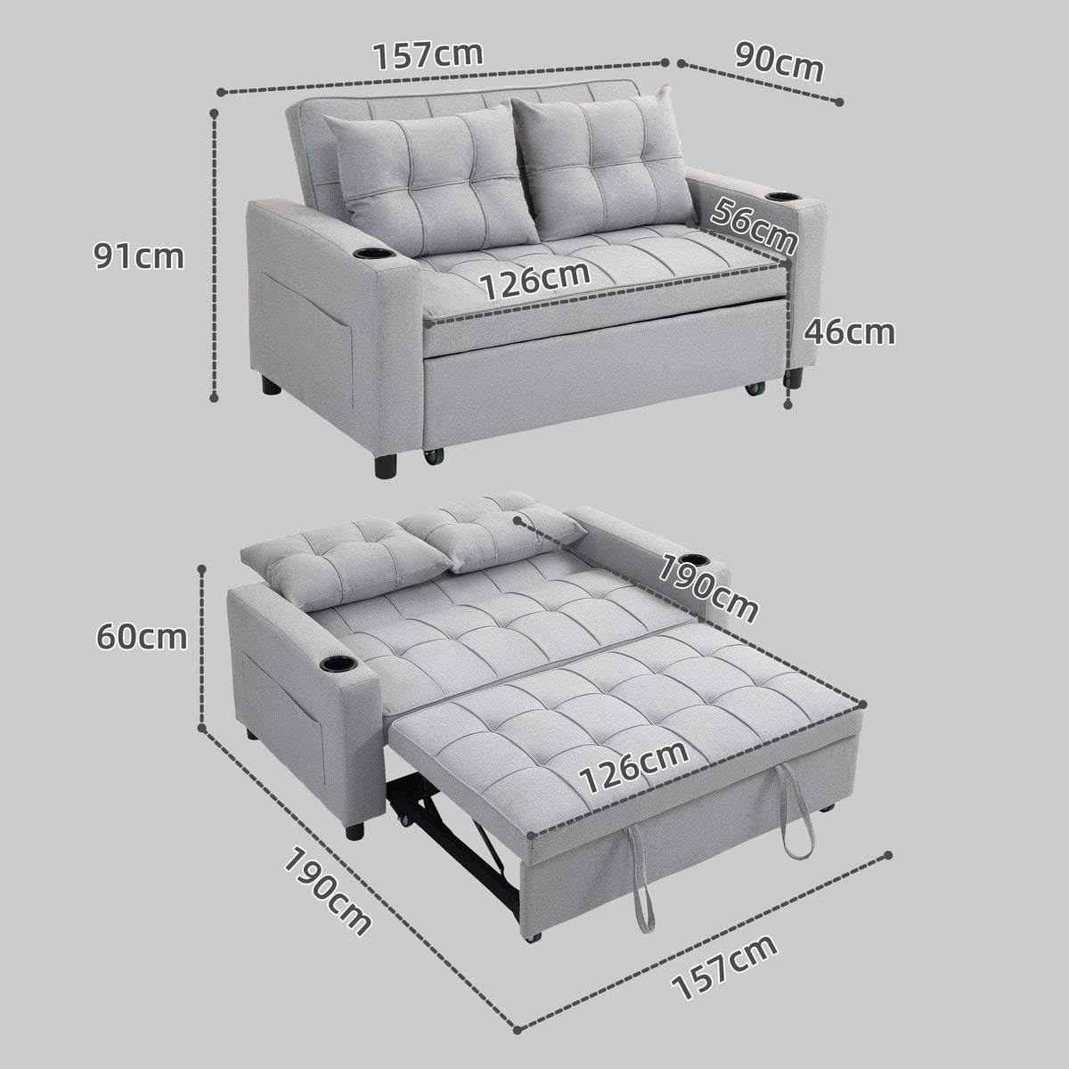 HOMCOM 3 in 1 2 Seater Fabric Adjustable Sofa Bed with Cup Holder - Light Grey
