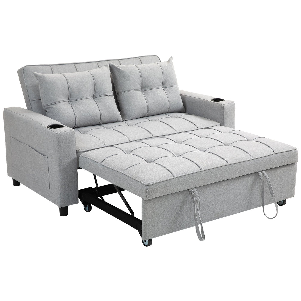 HOMCOM 3 in 1 2 Seater Fabric Adjustable Sofa Bed with Cup Holder - Light Grey