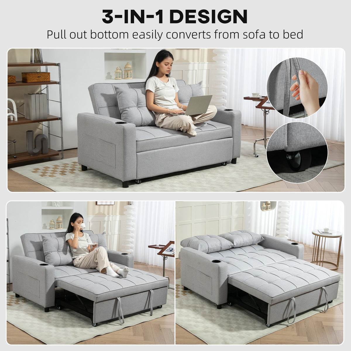HOMCOM 3 in 1 2 Seater Fabric Adjustable Sofa Bed with Cup Holder - Light Grey