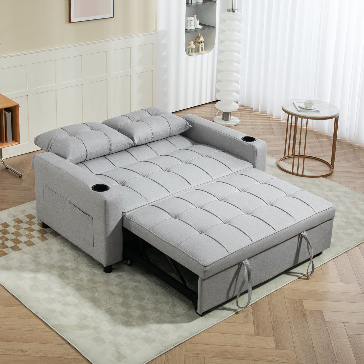 HOMCOM 3 in 1 2 Seater Fabric Adjustable Sofa Bed with Cup Holder - Light Grey