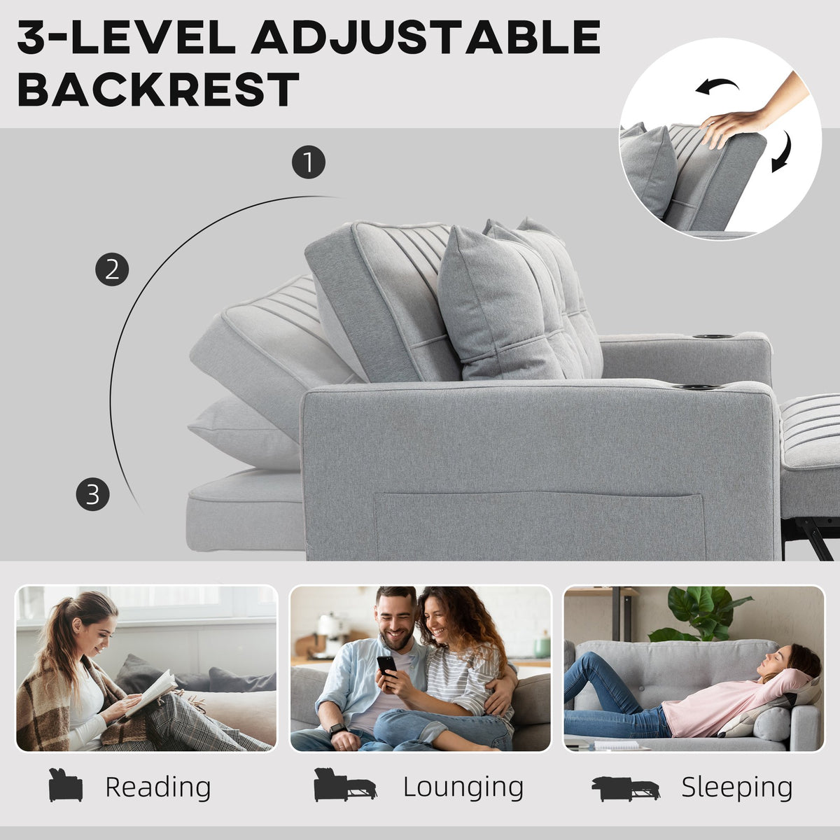 HOMCOM 3 in 1 2 Seater Fabric Adjustable Sofa Bed with Cup Holder - Light Grey