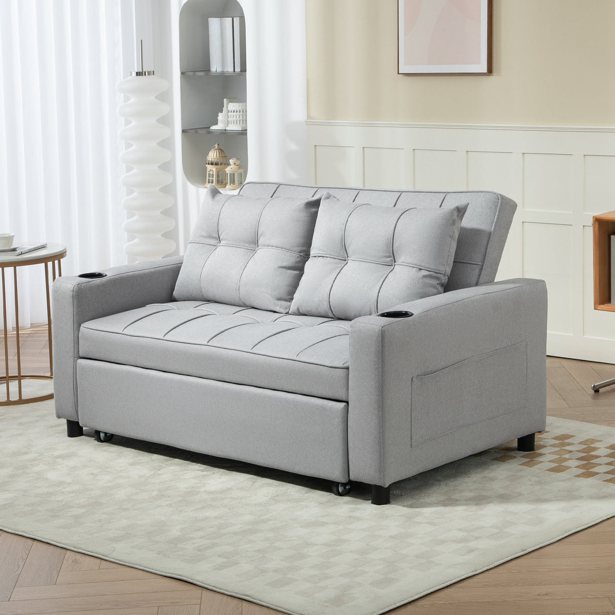 HOMCOM 3 in 1 2 Seater Fabric Adjustable Sofa Bed with Cup Holder - Light Grey