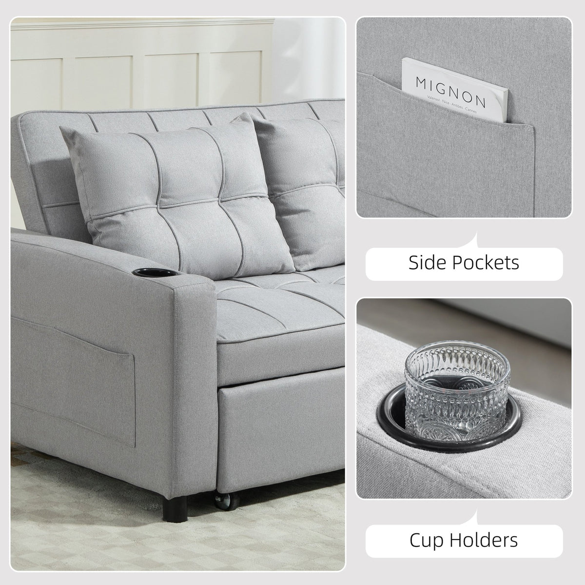 HOMCOM 3 in 1 2 Seater Fabric Adjustable Sofa Bed with Cup Holder - Light Grey