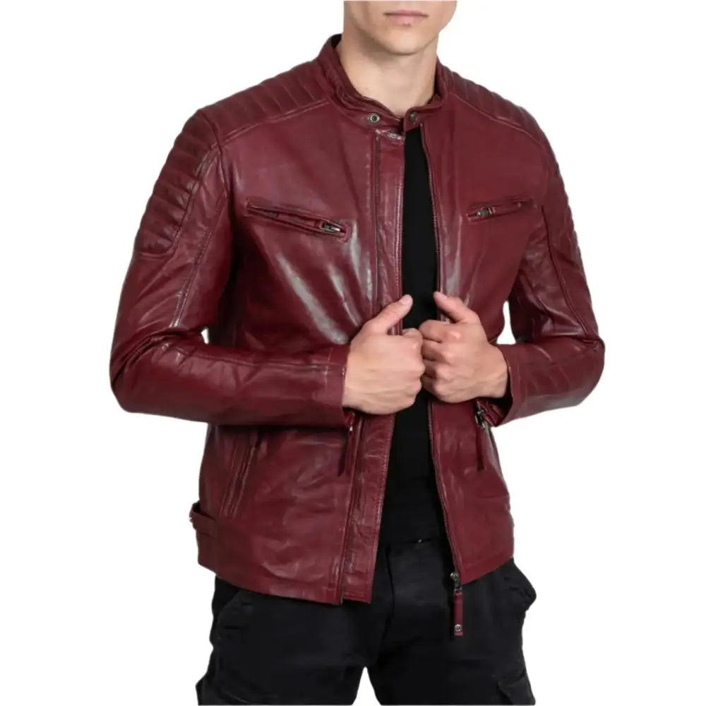 Men's Red Sheepskin Leather Biker Jacket