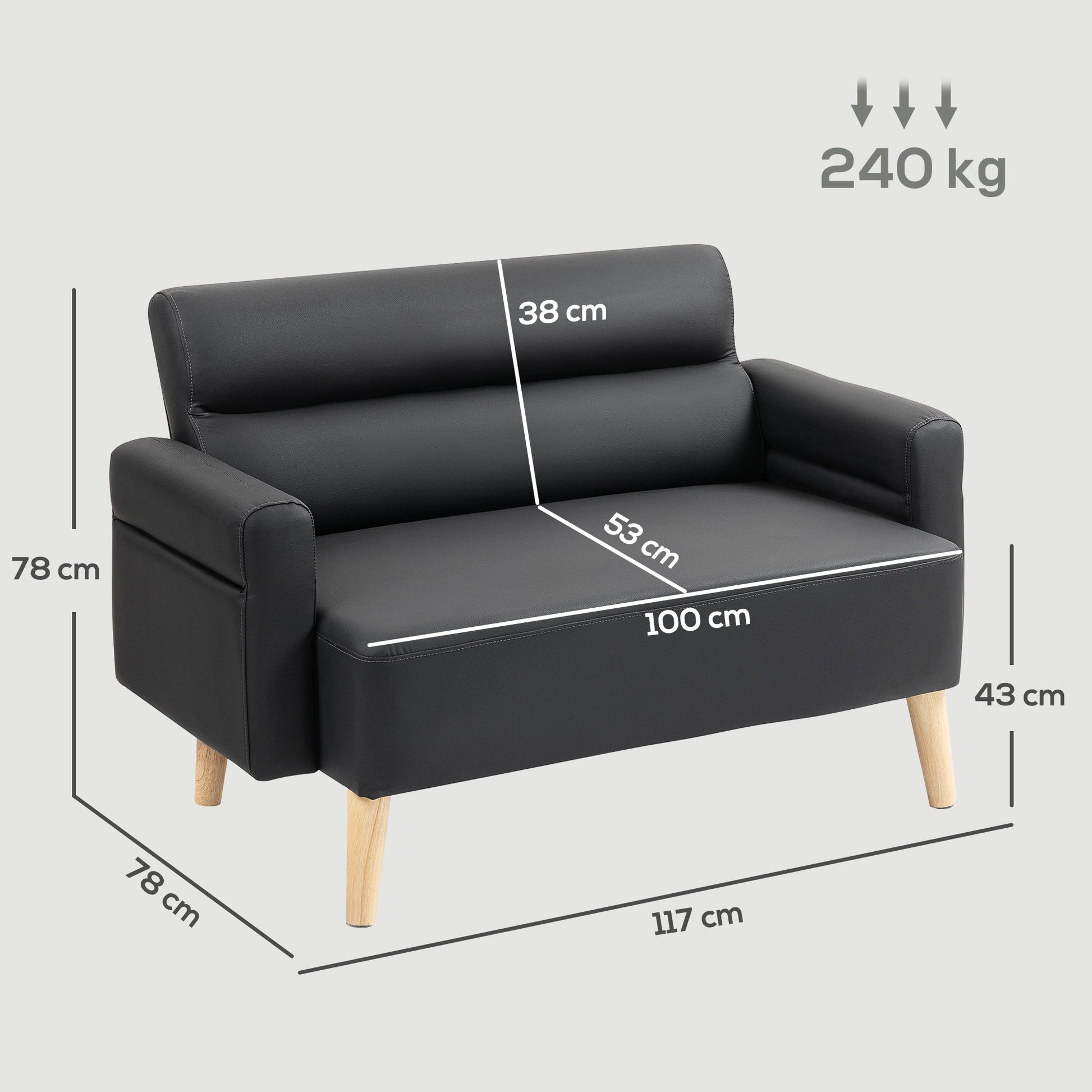 HOMCOM 2 Seater Faux Leather Modern Sofa with Wood Legs - Black