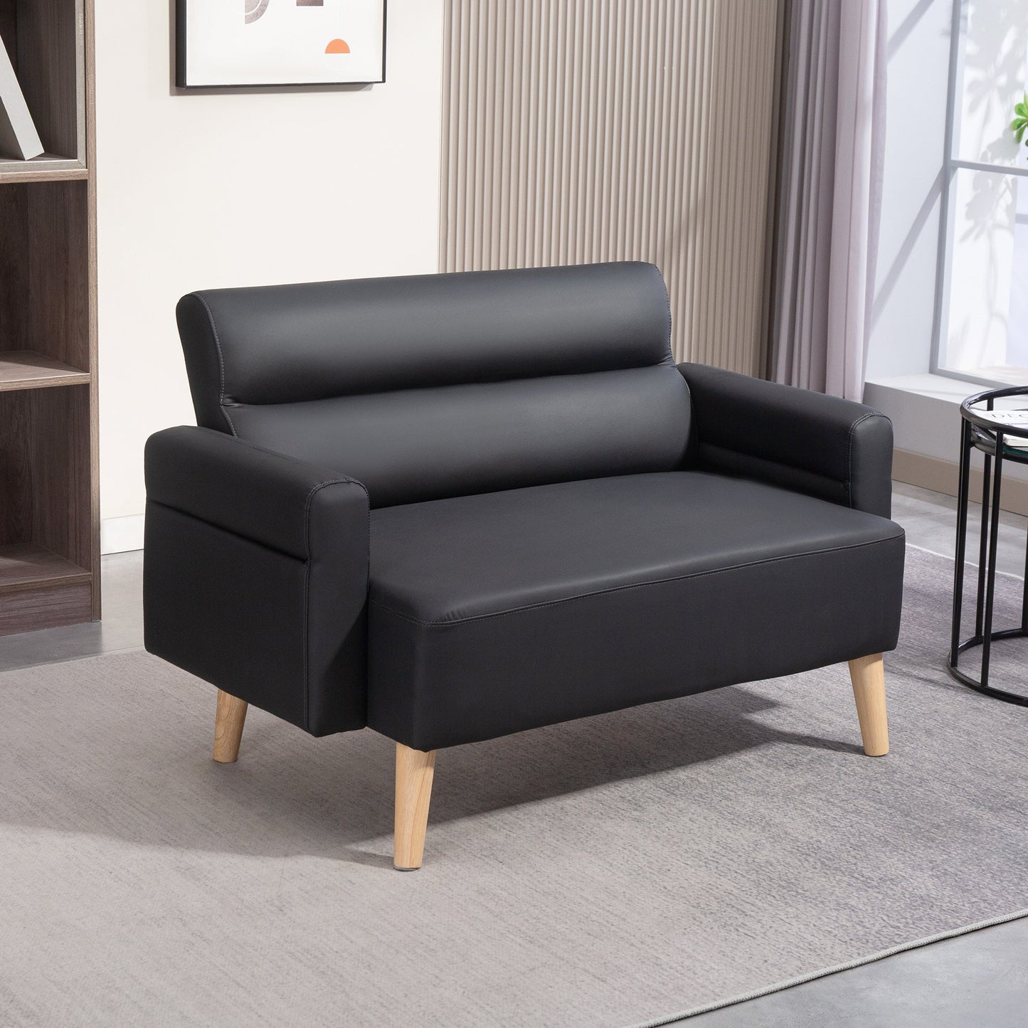 HOMCOM 2 Seater Faux Leather Modern Sofa with Wood Legs - Black
