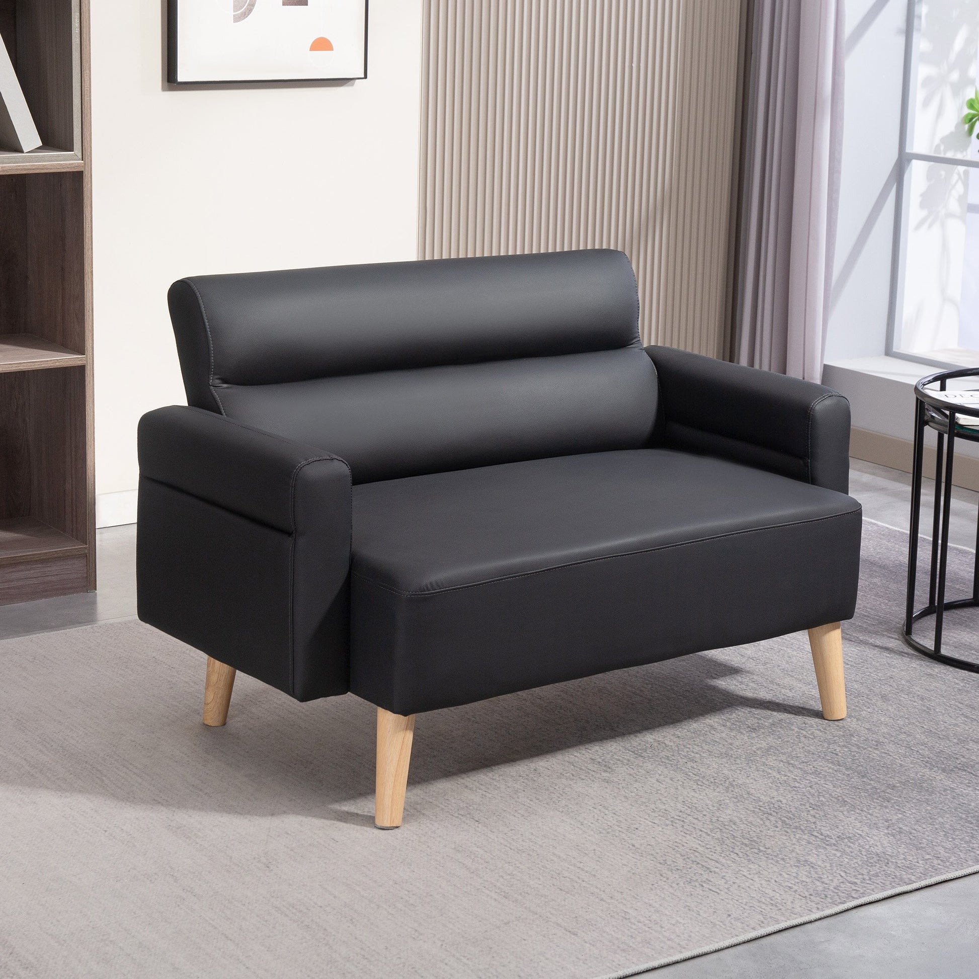 HOMCOM 2 Seater Faux Leather Modern Sofa with Wood Legs - Black
