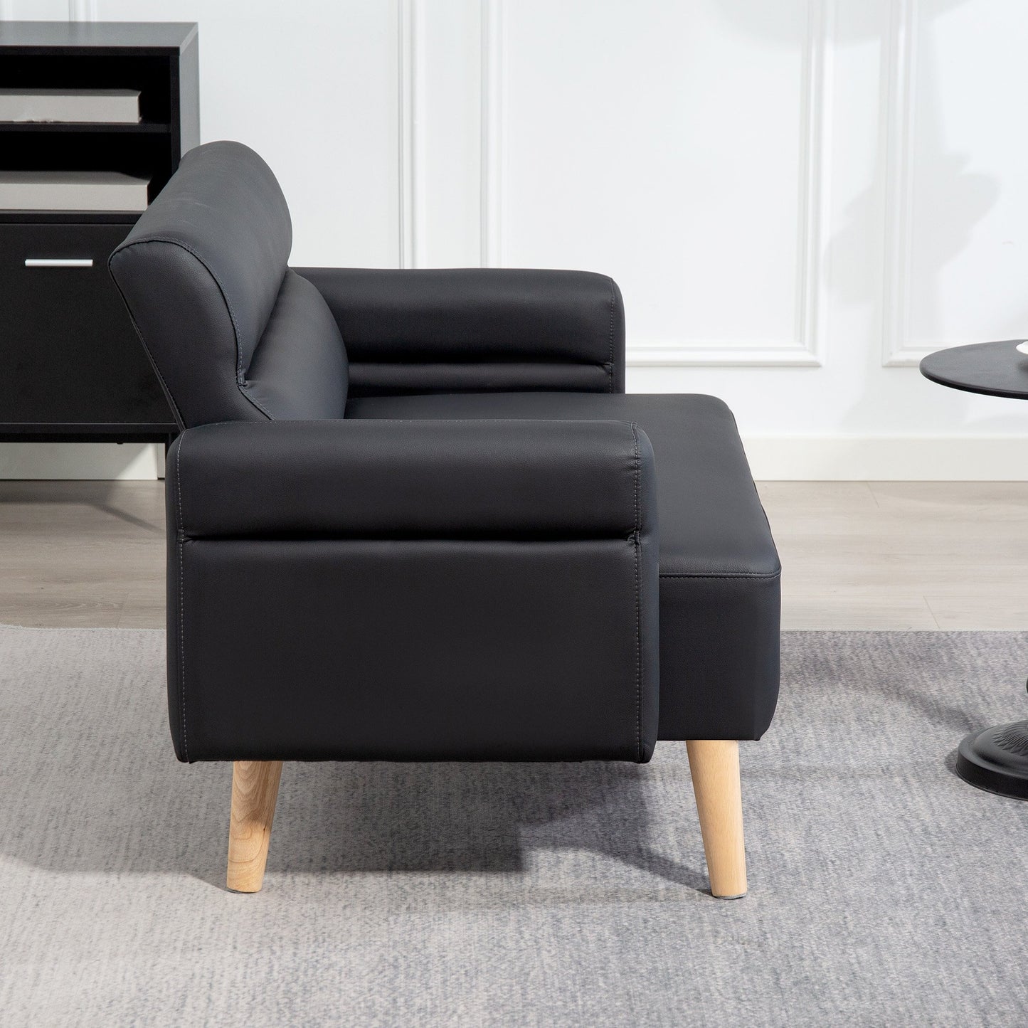 HOMCOM 2 Seater Faux Leather Modern Sofa with Wood Legs - Black