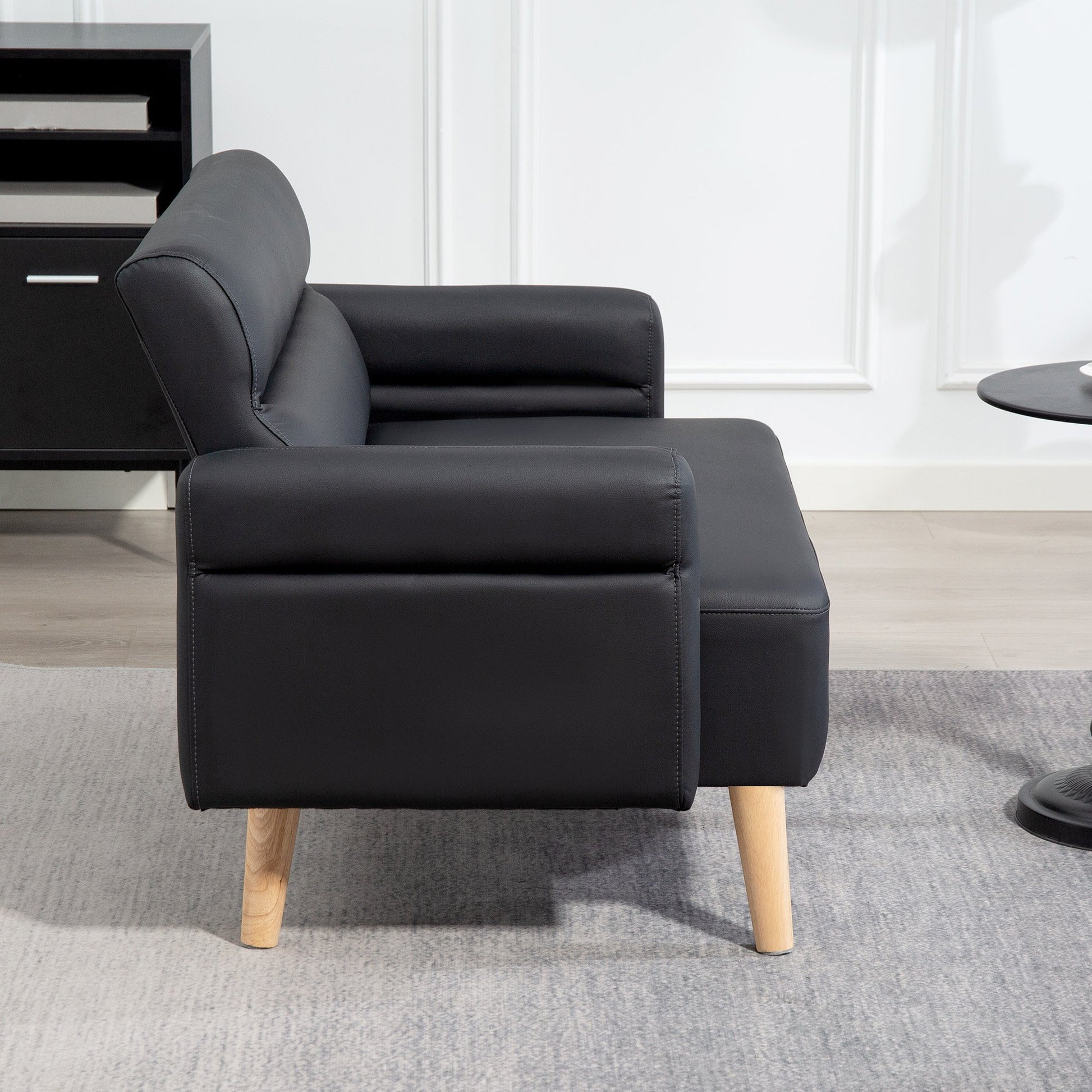 HOMCOM 2 Seater Faux Leather Modern Sofa with Wood Legs - Black