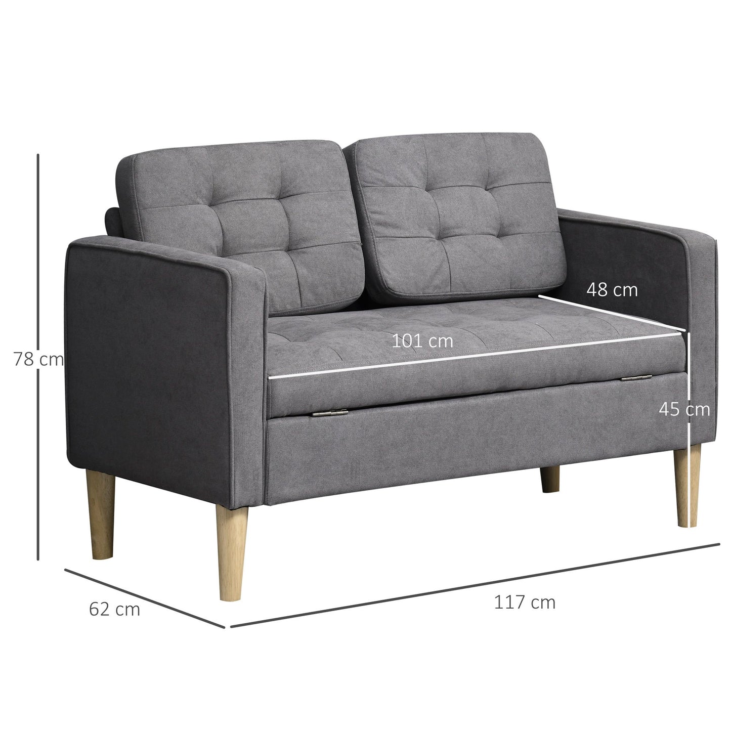 HOMCOM 2 Seater Fabric Sofa with Hidden Under Seat Storage - Grey