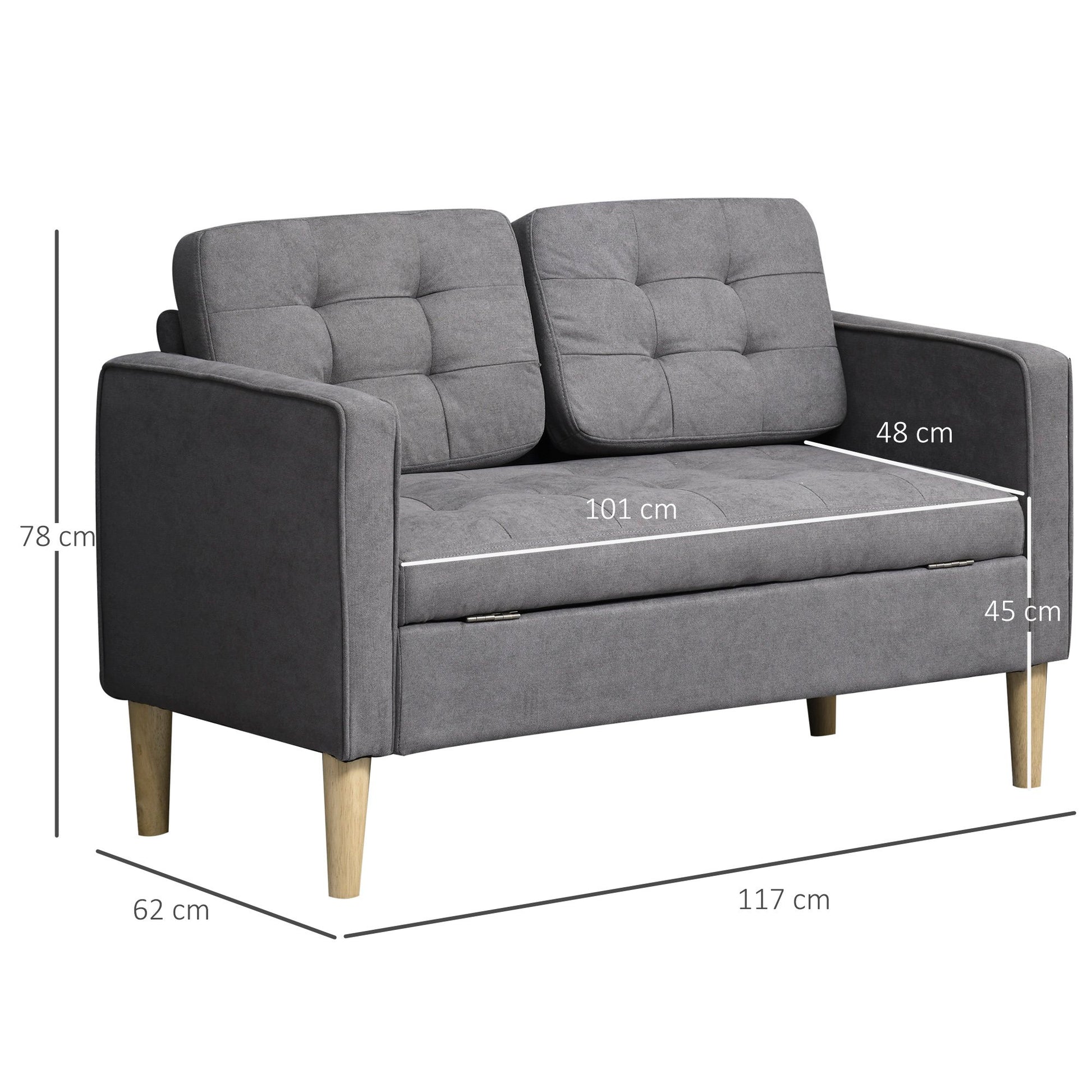 HOMCOM 2 Seater Fabric Sofa with Hidden Under Seat Storage - Grey