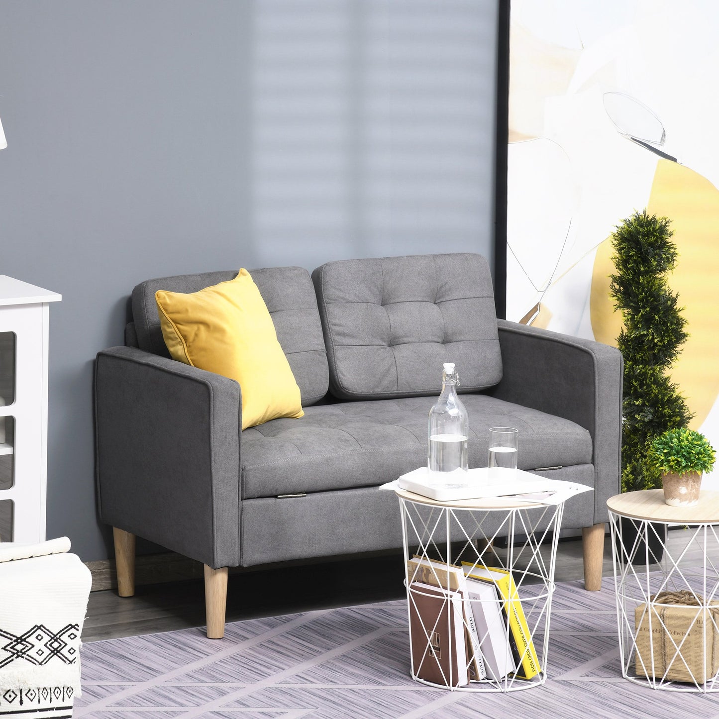 HOMCOM 2 Seater Fabric Sofa with Hidden Under Seat Storage - Grey