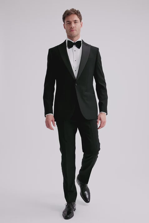 Tailored Fit Black Peak Lapel Wool Tuxedo Jacket