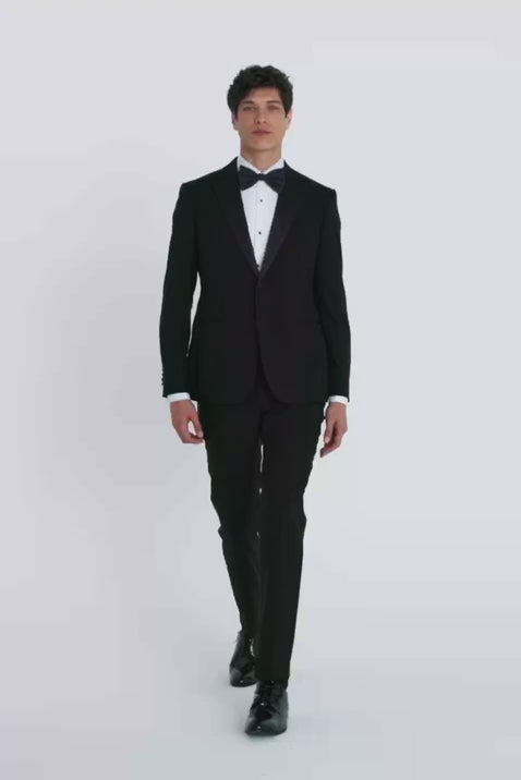 Slim Fit Black Wool Notch Lapel Tuxedo