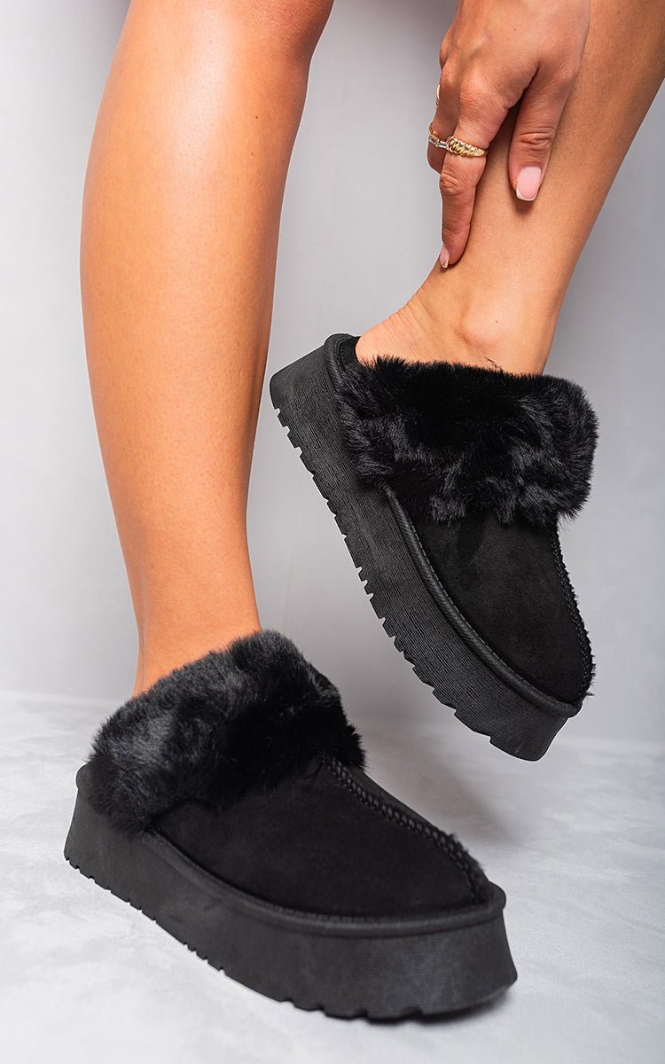 Faux Fur Trim Whisp Chunky Platform Slippers - Interactive Group