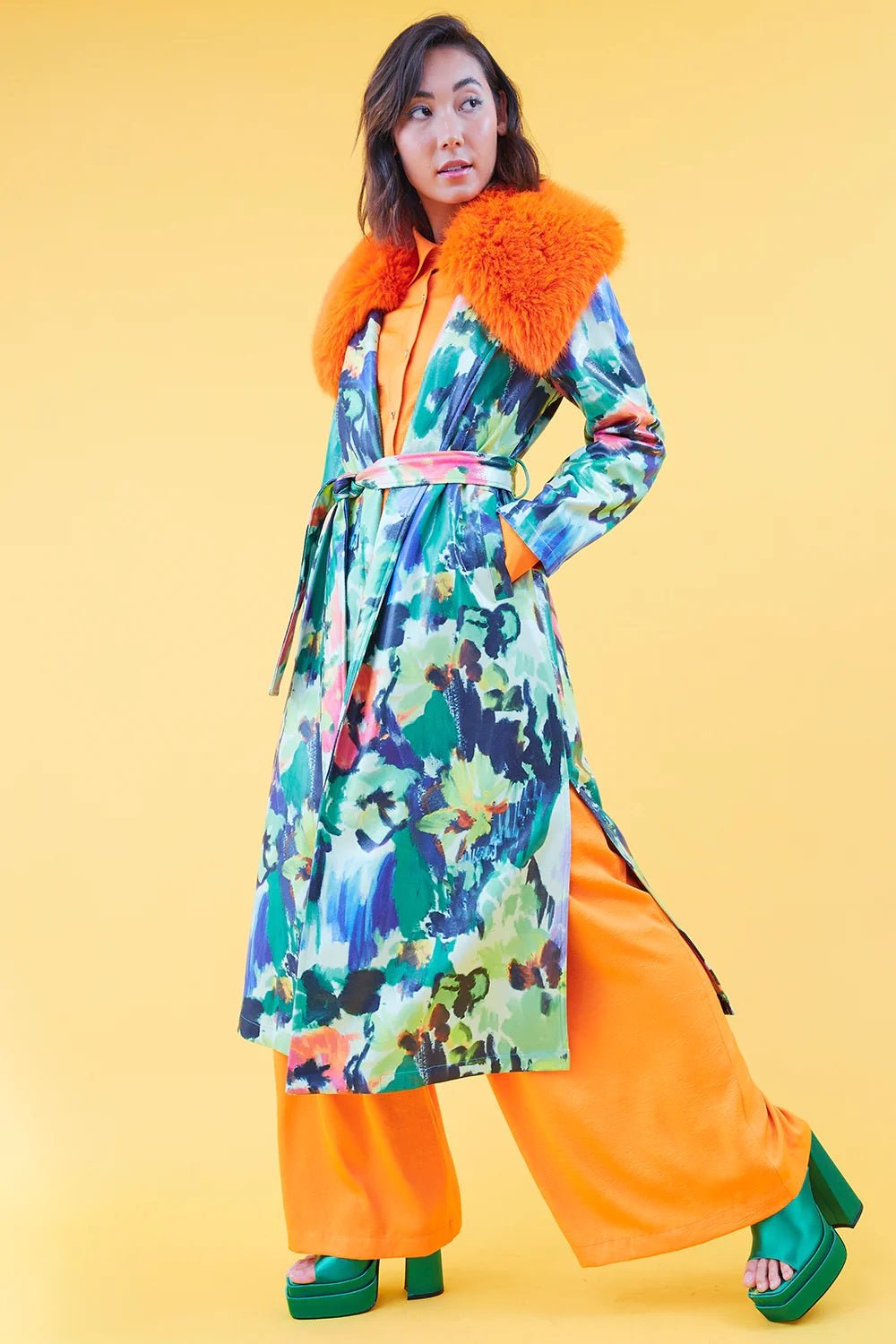 Floral Tencel Blend Eco Leather Trench Coat - Interactive Group