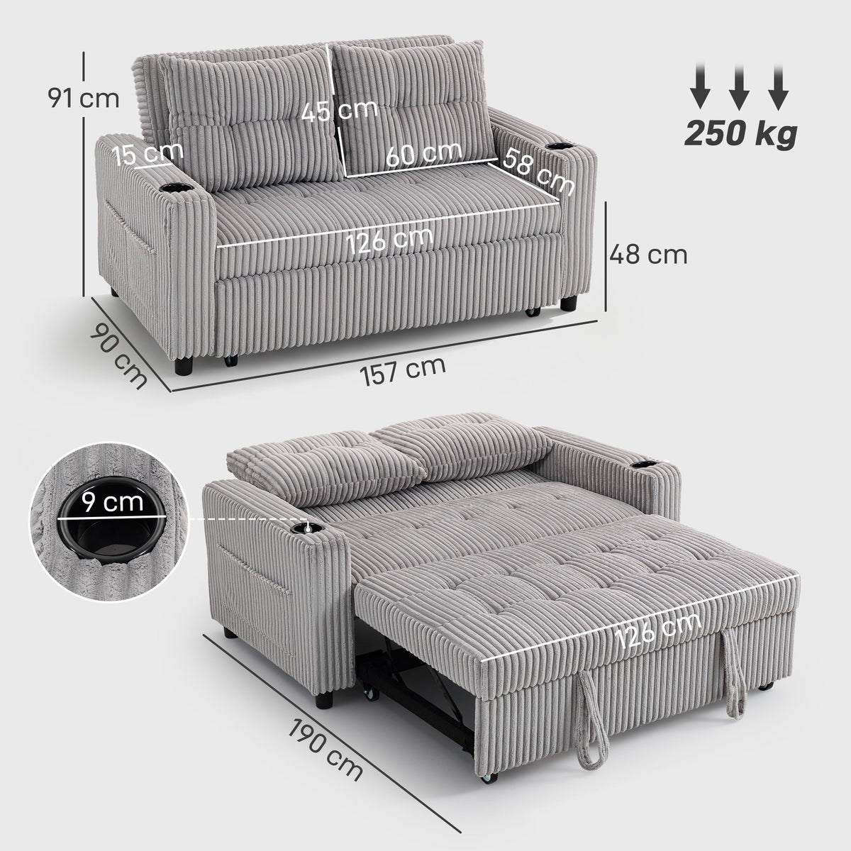 HOMCOM 2 Seater 3 in 1 Adjustable Sofa Bed with Cup Holder - Light Grey