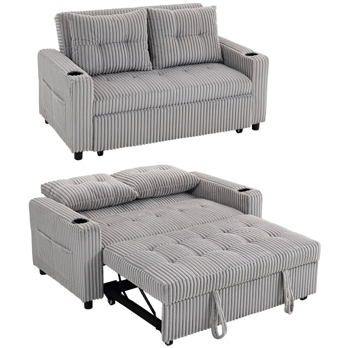 HOMCOM 2 Seater 3 in 1 Adjustable Sofa Bed with Cup Holder - Light Grey
