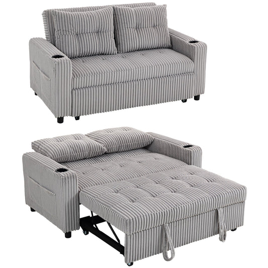 HOMCOM 2 Seater 3 in 1 Adjustable Sofa Bed with Cup Holder - Light Grey