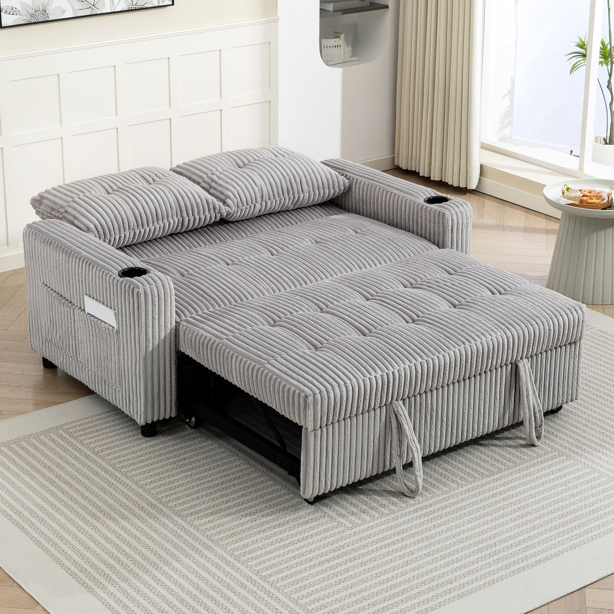 HOMCOM 2 Seater 3 in 1 Adjustable Sofa Bed with Cup Holder - Light Grey
