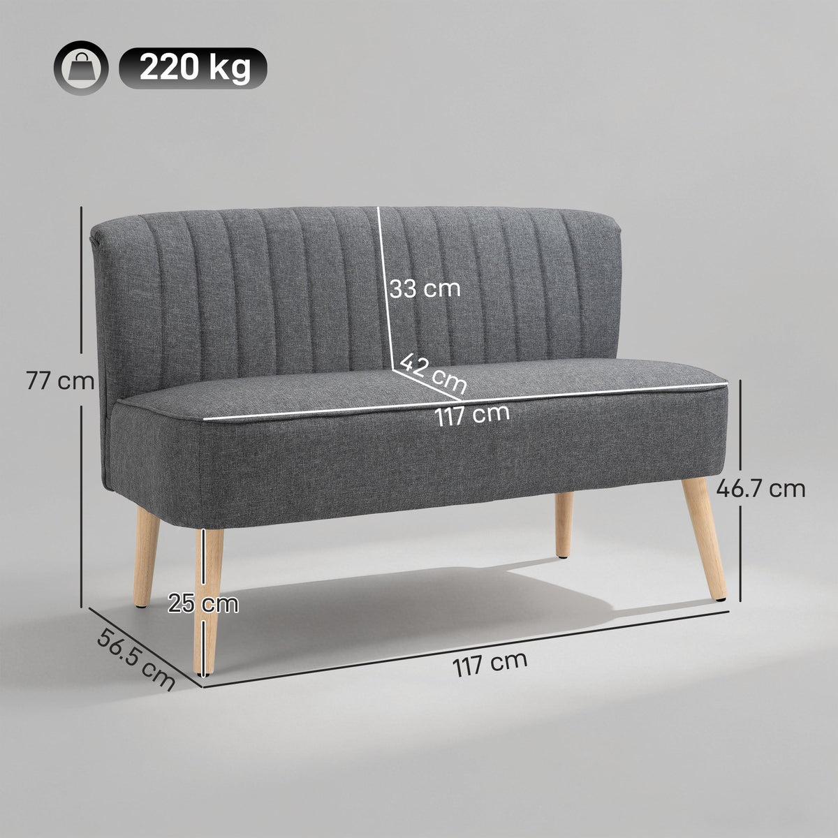 HOMCOM Linen Fabric Upholstered 2 Seater Small Sofa with Padded Seat - Grey