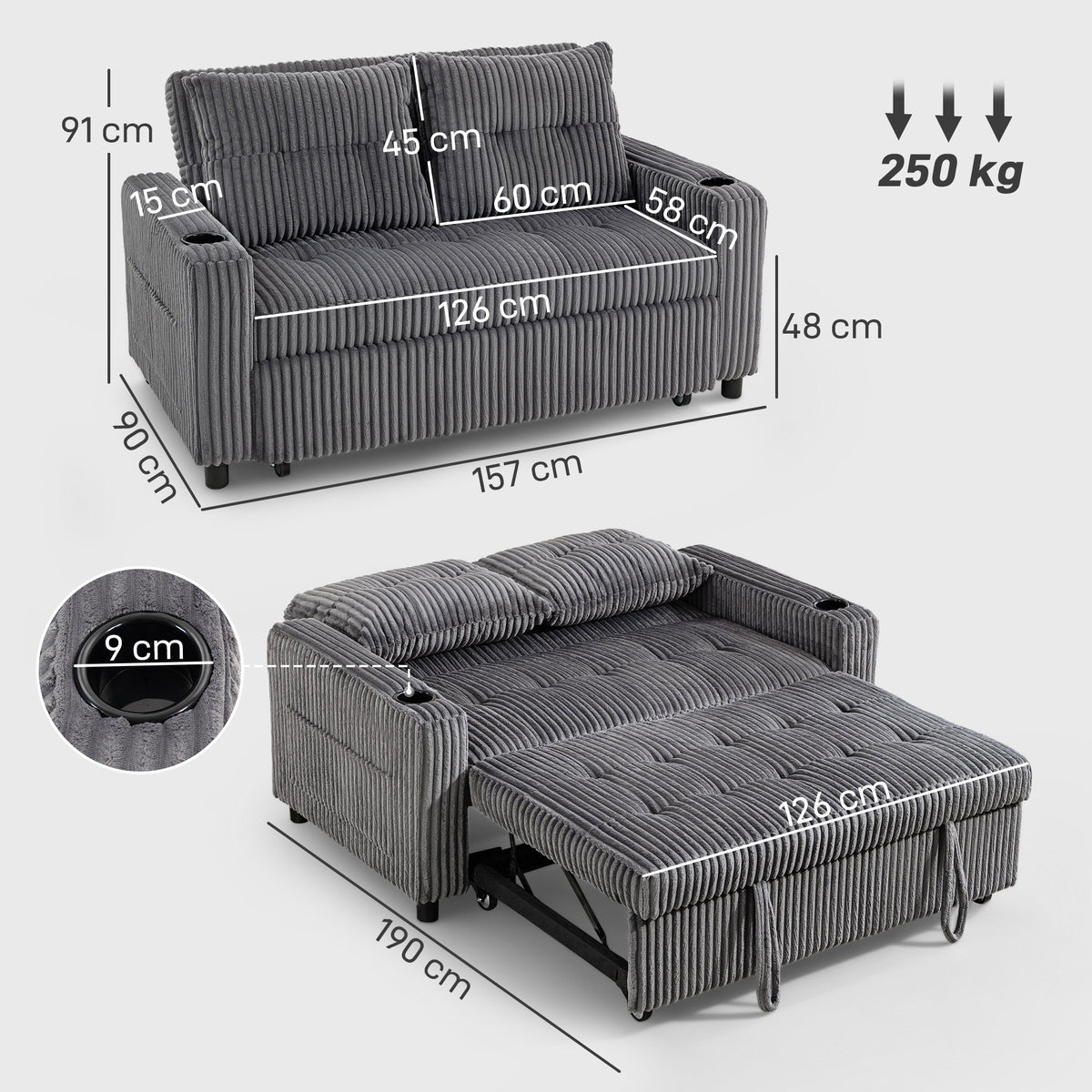 HOMCOM 2 Seater 3 in 1 Adjustable Sofa Bed with Cup Holder - Dark Grey