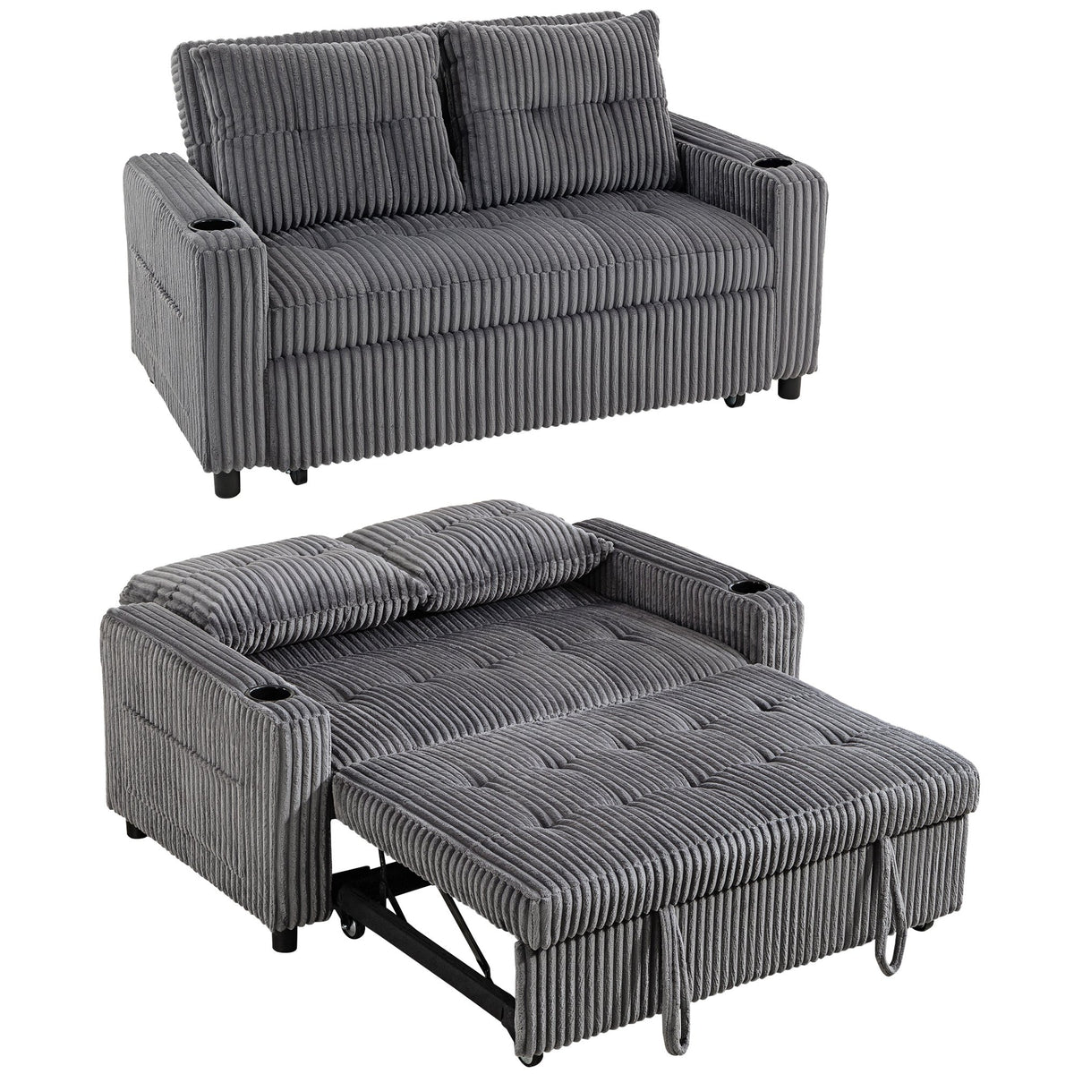 HOMCOM 2 Seater 3 in 1 Adjustable Sofa Bed with Cup Holder - Dark Grey