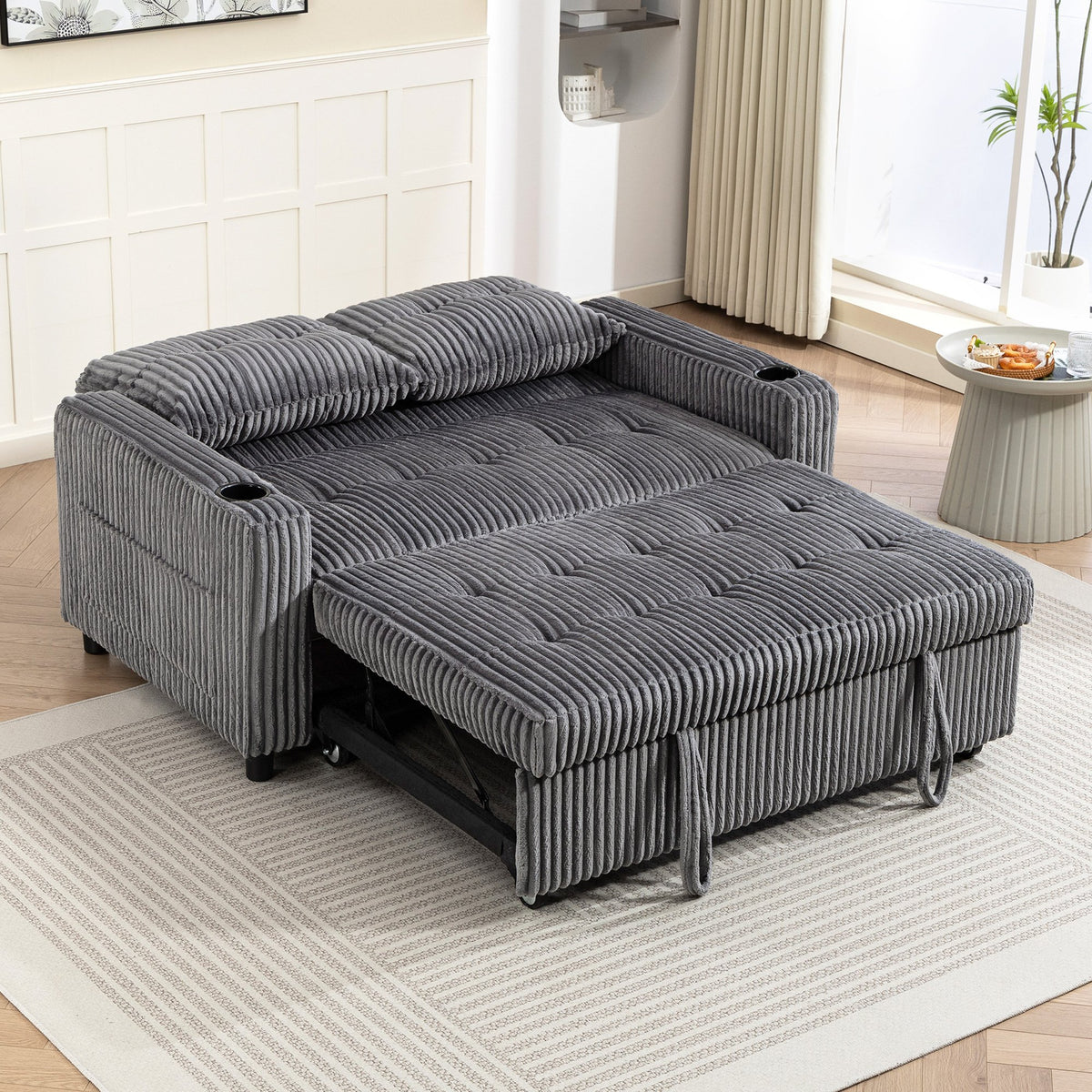 HOMCOM 2 Seater 3 in 1 Adjustable Sofa Bed with Cup Holder - Dark Grey