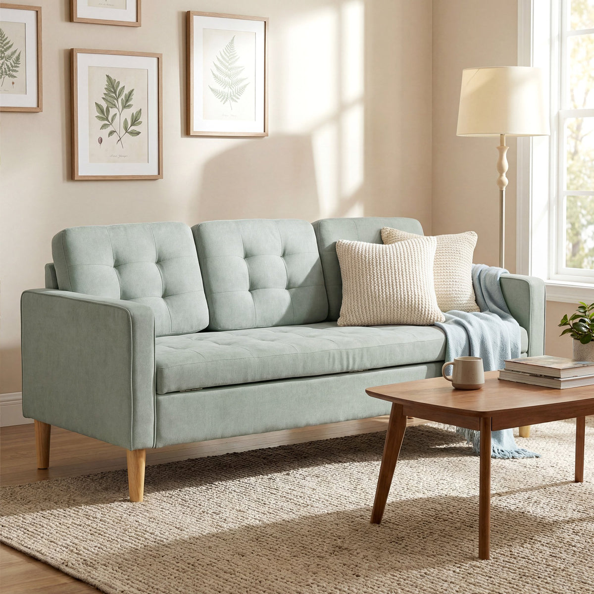 HOMCOM 3 Seater Fabric Sofa with Hidden Under Seat Storage - Light Grey