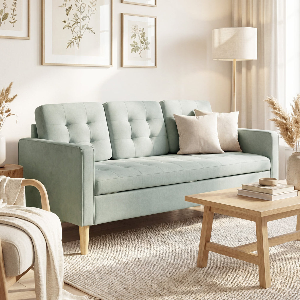 HOMCOM 3 Seater Fabric Sofa with Hidden Under Seat Storage - Light Grey